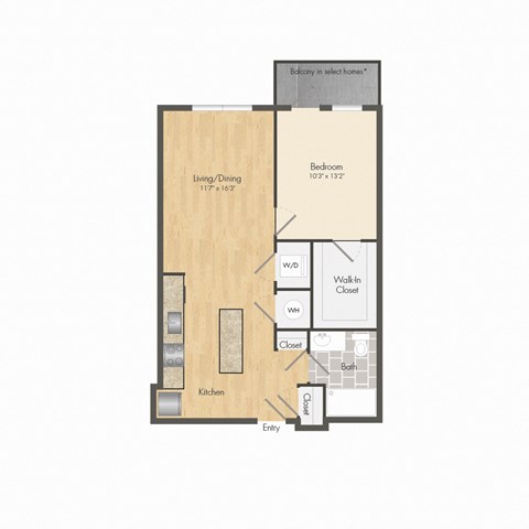Floor plan for 1 bed, 1 bath, 633 sqft
